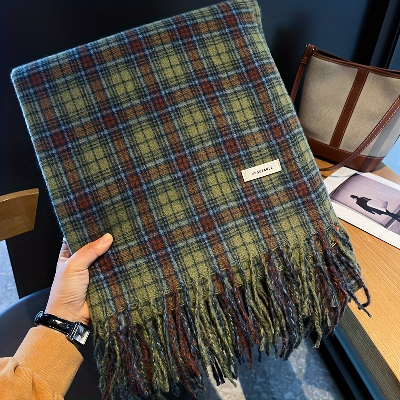 Cashmere Pashmina Wrap - Vintage Yeşil Ekose Püskül Eşarp Kadın