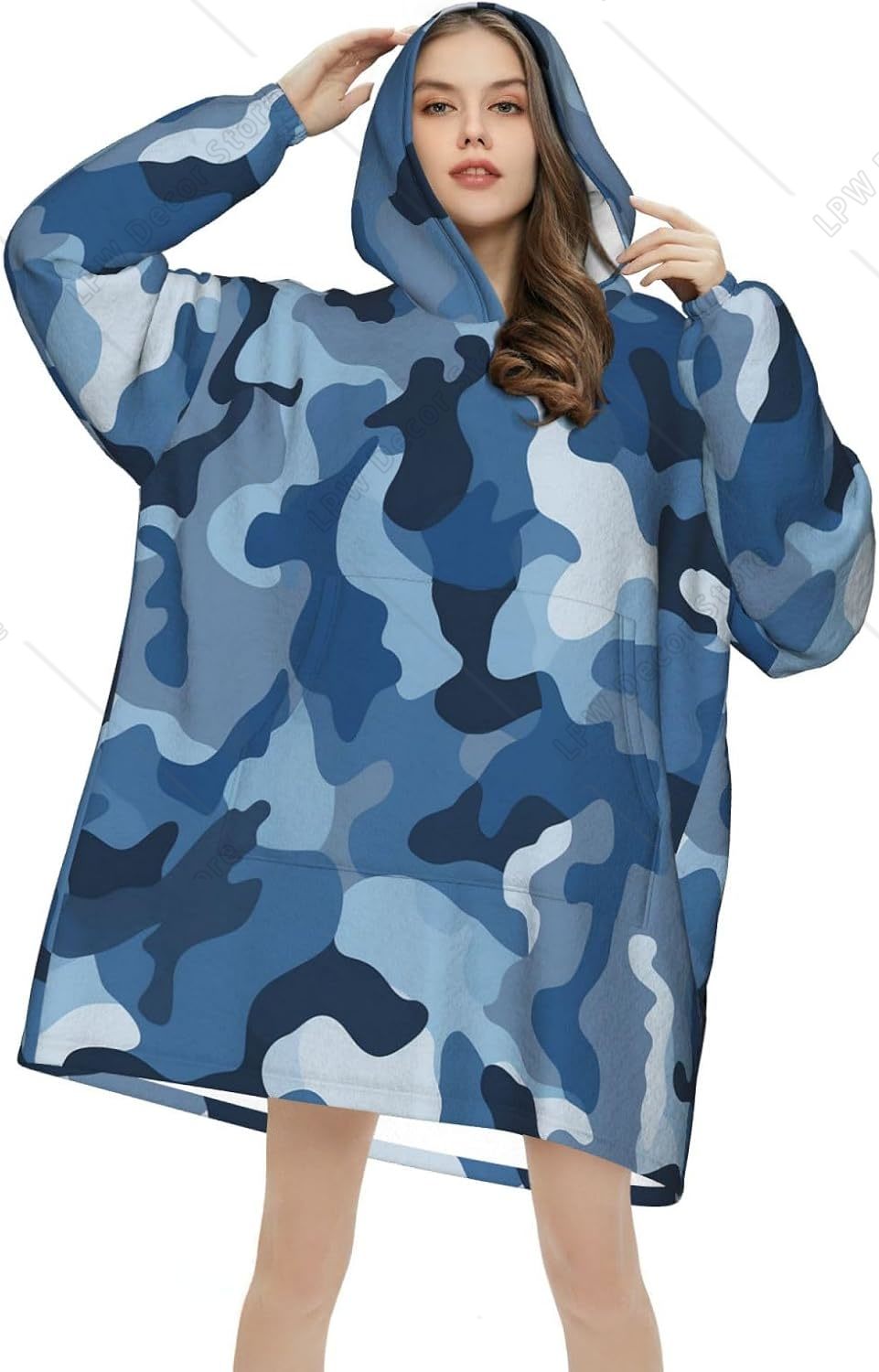 Sherpa Hoodie Fleece - Klasik Mavi Kamuflaj Desenli Giyilebilir Battaniye