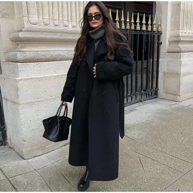 Wool Coat Peacoat - Şık Gri Kemerli Uzun Suni Yünlü