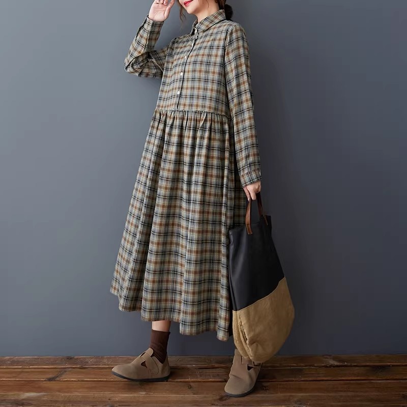 Flannel Shirt Lined - Kore Gevşek Retro Ekose Gömlek Elbise
