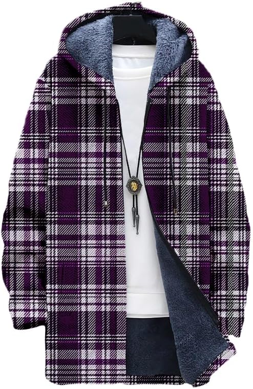 Sherpa Hoodie Fleece - Erkek Ekose Desenli Büyük Beden Fermuarlı
