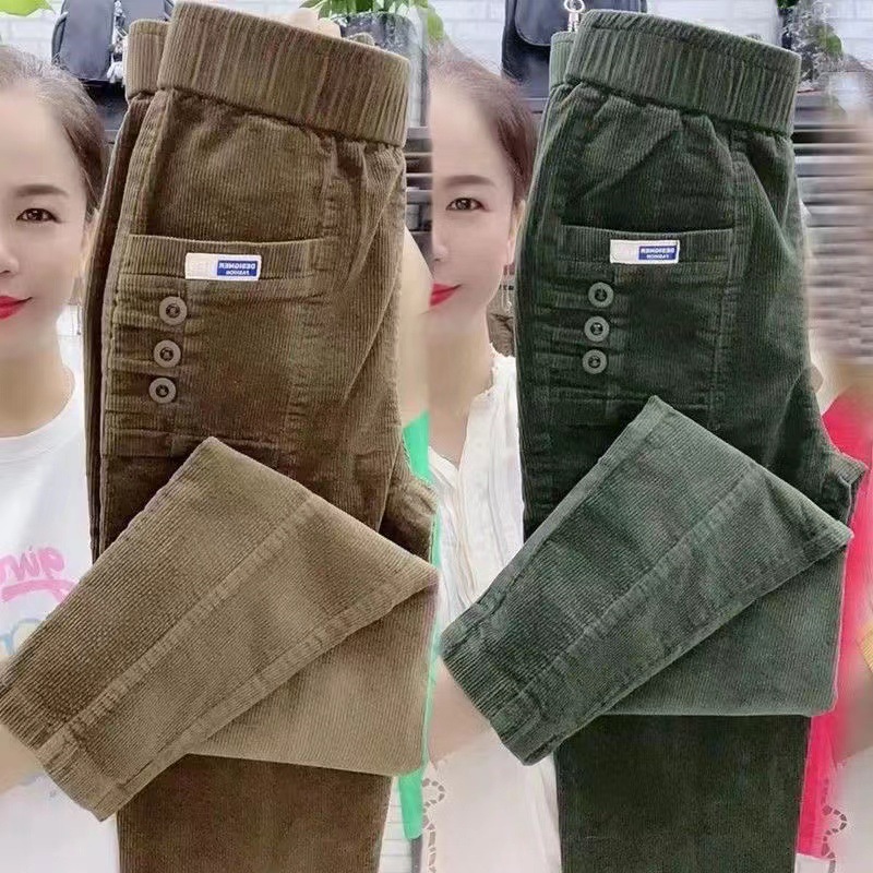 Corduroy Pant Warm - Kadınlar Sıcak Bahar Kış Düğme Cepler